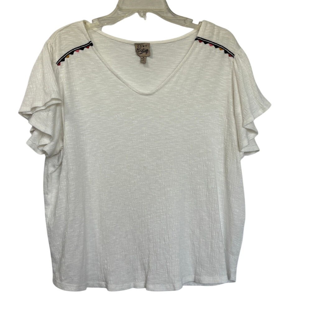 Como Vintage White Embroidered Ruffle Sleeve V-Neck Top Bohemian Womens Medium